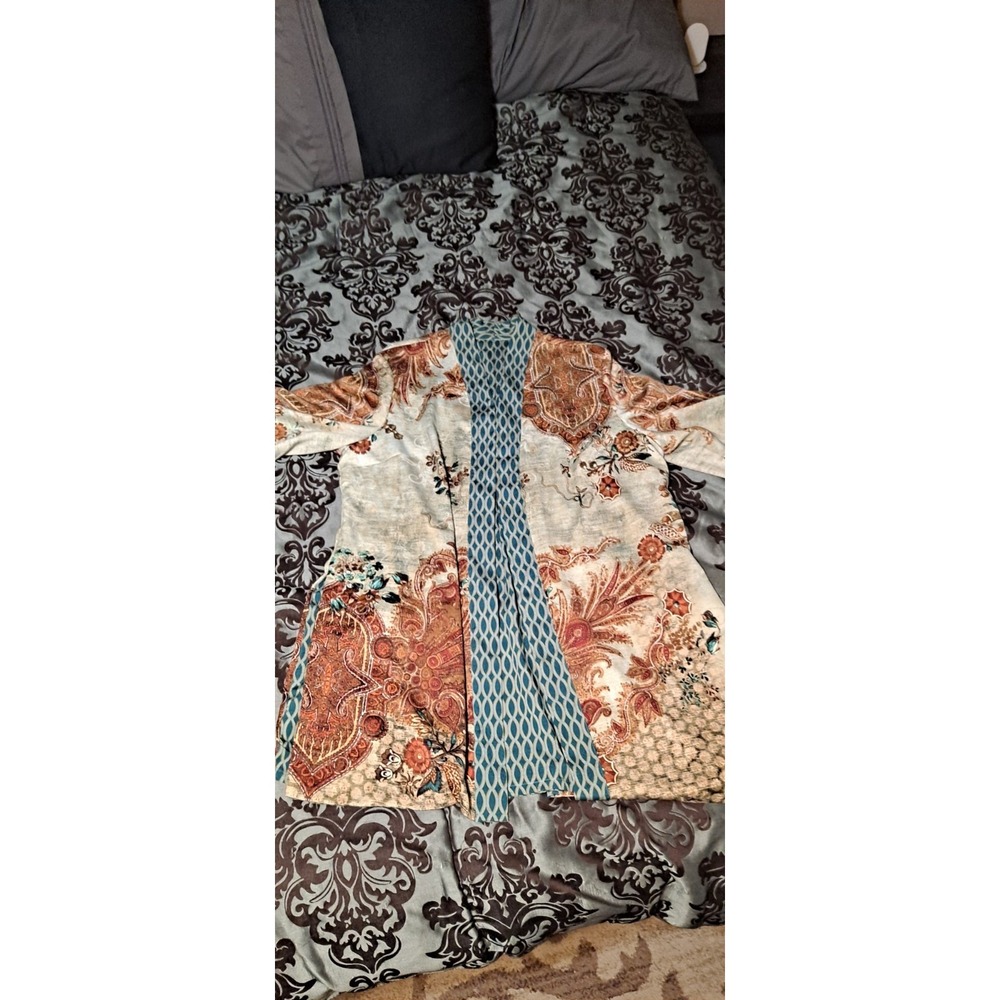 Chicos Womens Sz 3 US 14 Kimono Jacket Reversible Paisley Floral Teal Open Front